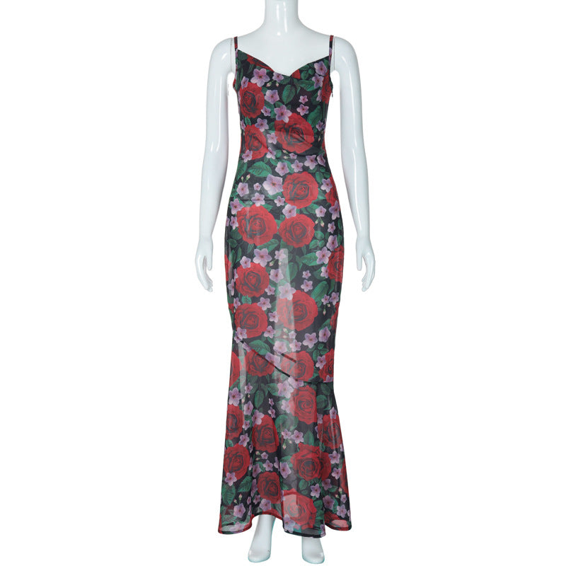 Wholesale  spring  fashion new sexy V-neck  all-match slim-fit long printed sling dress women